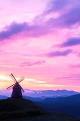 A serene landscape showcases a silhouette of a windmill against a stunning pastel sunset, perfect for themes of rural beauty, sustainability, or peaceful retreats