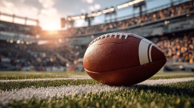 American football ball on stadium field grass