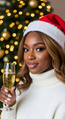 Young black woman with long hair wearing a festive Santa hat, holding a champagne glass, celebrating Christmas and New Years Eve with a beautifully decorated tree in the background