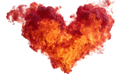 Fiery red heart shape made of burning flame and smoke for romantic passion concepts.

