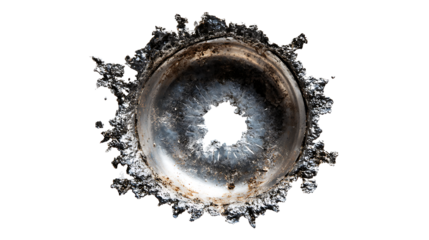 Close-up bullet hole with scorched rim and fractured surface texture, high-detail shooting impact graphic, isolated on a white background
