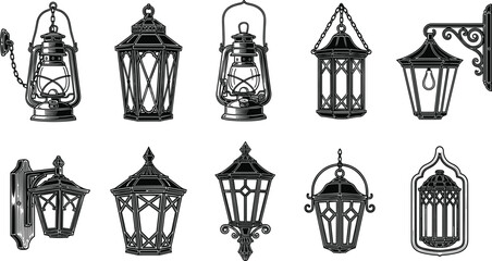Ten Black Vintage Lantern and Lamp Icons on White Background Keywords: lantern, lamp, light, vintage, retro, antique, old