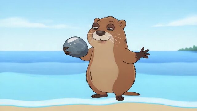 Curious nutrea holding shiny stone on peaceful beach at sunset
