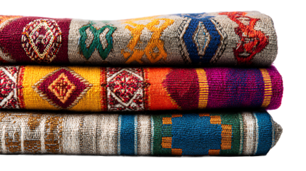 Peruvian Inca textile fabric folded with colorful geometric designs, isolated on a white background.