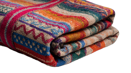 Peruvian Inca textile fabric folded with colorful geometric designs, isolated on a white background.