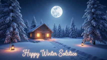 Cozy Cabin in Snowy Forest on Winter Solstice Night