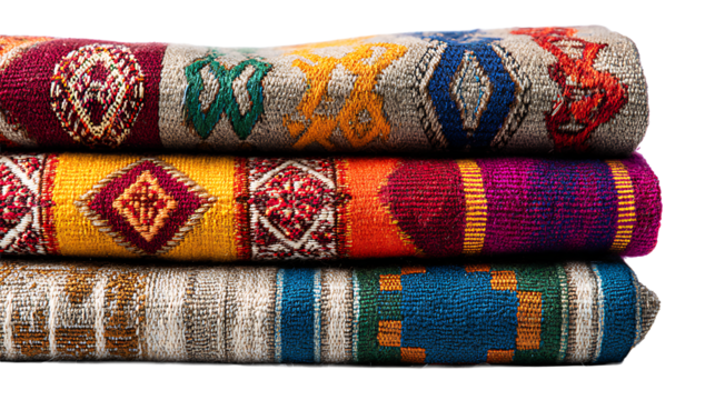 Peruvian Inca textile fabric folded with colorful geometric designs, isolated on a white background. - Powered by Adobe