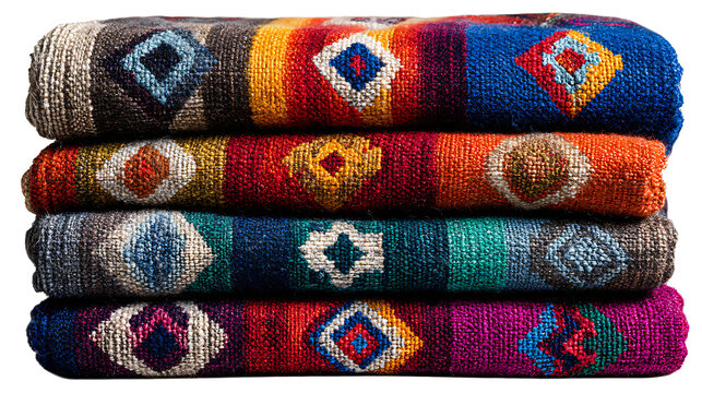 Peruvian Inca textile fabric folded with colorful geometric designs, isolated on a white background.