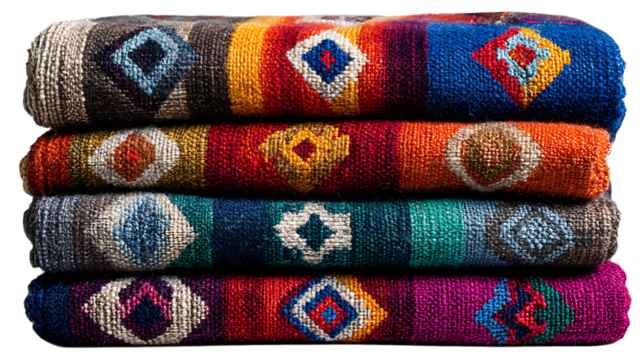 Peruvian Inca textile fabric folded with colorful geometric designs, isolated on a white background. - Powered by Adobe