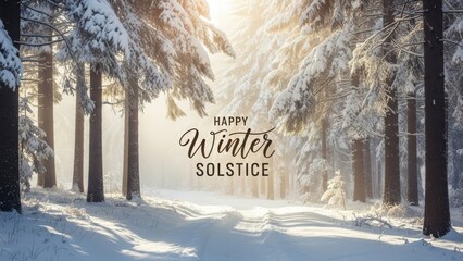 Happy Winter Solstice Sunlight in Snowy Forest