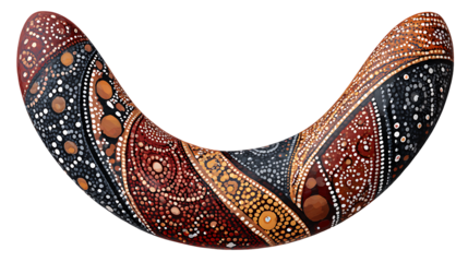 Aboriginal Australian boomerang hand-painted with traditional dot art patterns, isolated on a white background