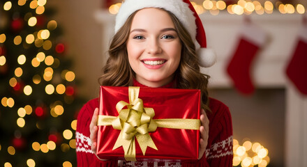 Young woman wearing a red sweater and santa hat is joyfully holding a wrapped gift adorned with a golden bow against christmas tree.decorated festive setting filled with lights and holiday cheer