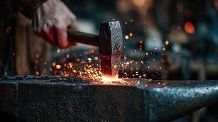 Blacksmith hammering red hot metal on anvil
