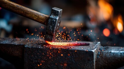 Traditional forge worker shaping glowing iron metal