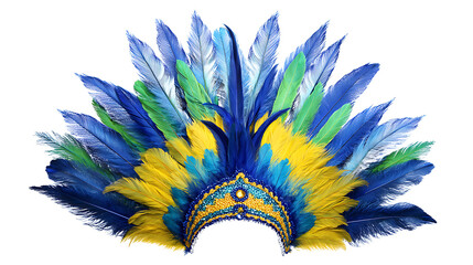 Brazilian carnival feather headdress with vibrant colors, isolated on a white background