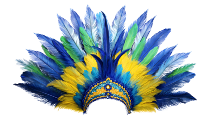 Brazilian carnival feather headdress with vibrant colors, isolated on a white background