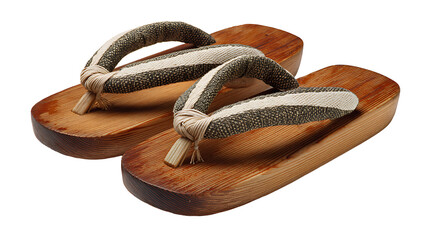 Japanese geta wooden sandals with fabric straps, traditional footwear object, isolated on a white background.