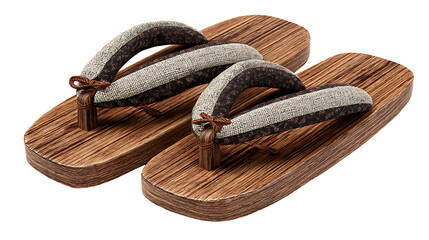 Japanese geta wooden sandals with fabric straps, traditional footwear object, isolated on a white background.