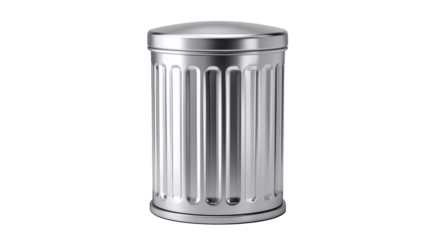 Shiny silver metal trash can isolated for waste management and recycling concepts in clean style.

