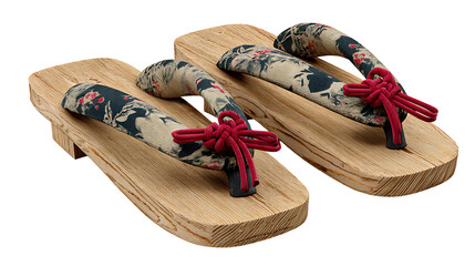 Japanese geta wooden sandals with fabric straps, traditional footwear object, isolated on a white background.