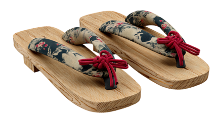 Japanese geta wooden sandals with fabric straps, traditional footwear object, isolated on a white background.
