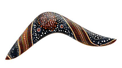 Aboriginal Australian boomerang hand-painted with traditional dot art patterns, isolated on a white background