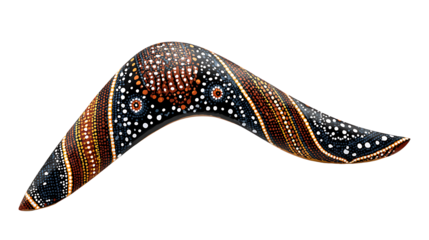 Aboriginal Australian boomerang hand-painted with traditional dot art patterns, isolated on a white background