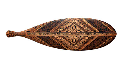 Hawaiian wooden surfboard paddle with carved tribal patterns, isolated on a white background