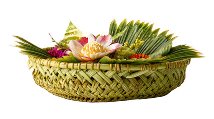Balinese ceremonial offering basket made of woven palm leaves, isolated on a white background.