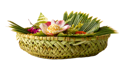 Balinese ceremonial offering basket made of woven palm leaves, isolated on a white background.