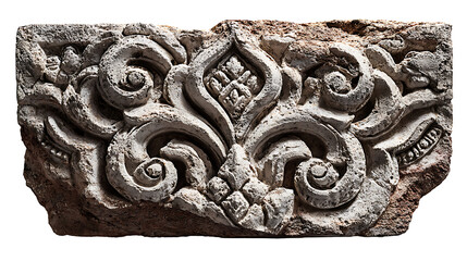 Cambodian Angkor-style stone relief carving fragment with ancient motifs, isolated on a white background