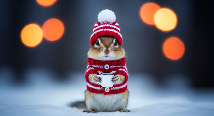 Adorable chipmunk wearing festive red and white sweater and hat holding a cup, poses in the snow, surrounded by colorful bokeh lights, embodying warmth of holiday Christmas and New Year celebrations