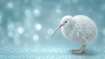 Rare white New Zealand kiwi bird on festive pastel blue bokeh background with copy space. 