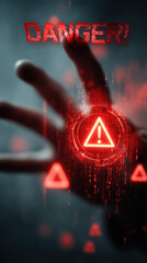 Human hand reaching toward digital red alert danger icon. Concept of cyber security, system hacks, data breaches, financial threats, and identity theft in a high-risk tech space. 