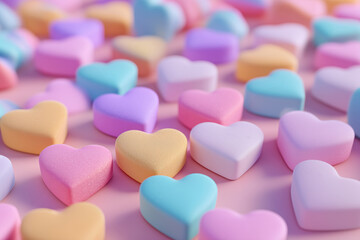 Heart shaped colorful candies on pink background. Valentine's day candy hearts design. 