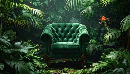 Luxurious Green Tufted Armchair Surrounded by Dense Jungle Foliage