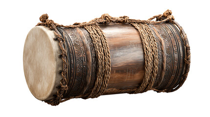 Senegalese sabar drum with rope-tuned skin and carved wood body, isolated on a white background