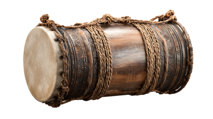 Senegalese sabar drum with rope-tuned skin and carved wood body, isolated on a white background