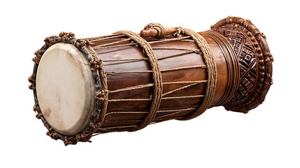 Senegalese sabar drum with rope-tuned skin and carved wood body, isolated on a white background