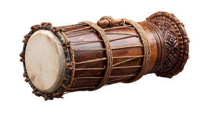 Senegalese sabar drum with rope-tuned skin and carved wood body, isolated on a white background
