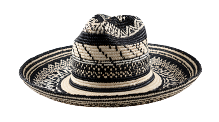 Traditional Colombian sombrero vueltiao made of woven caña flecha with black and white patterns, isolated on a white background