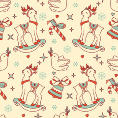 A warm aesthetic seamless pattern with Christmas reindeer, bells, doves, snowflakes, and candy canes. A festive vector background for the holidays.