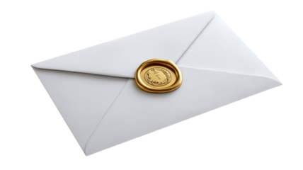 White paper envelope with gold wax seal isolated for vintage invitation and premium mail concepts.

