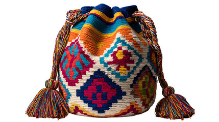 Colombian mochilas wayuu handwoven bag with colorful geometric designs, isolated on a white background