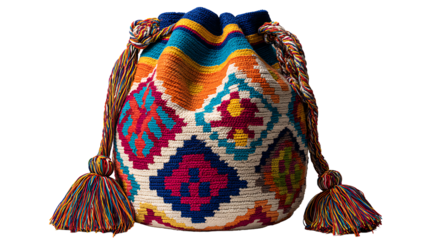 Colombian mochilas wayuu handwoven bag with colorful geometric designs, isolated on a white background
