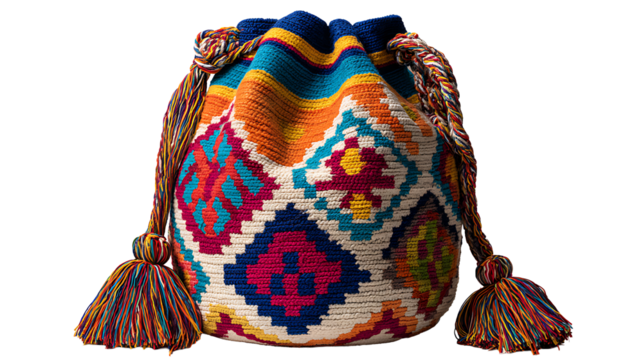 Colombian mochilas wayuu handwoven bag with colorful geometric designs, isolated on a white background - Powered by Adobe