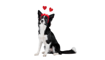 Valentine day adorable black and white dog with hearts above its head expressing love and affection studio shot on white and transparent