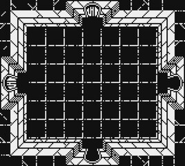 Pixel dungeon room with square grid floor, black and white retro palette, fantasy arena layout for RPG, level, tactics combat map and old school game environment.