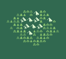 Pixel forest background with tiny trees in retro green palette, seamless look for game map, level design, RPG over world, nature screen and nostalgic Game Boy style pixel environment.