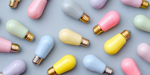 Colorful light bulbs minimalist flat lay on gray background technology